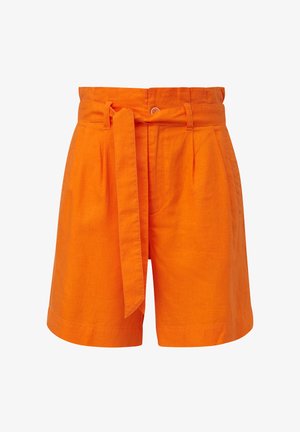 Pantaloni corti di lino arancioni con una cintura ampia, passanti per la cintura e una cintura rimovibile con nodo. Presentano pieghe frontali e tasche laterali.