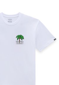 Hvid bomulds T-shirt med et grønt palmetræ logo og teksten "VANS" nedenfor, klassisk pasform og korte ærmer.