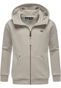 Felpa con zip grigia chiara realizzata in materiale morbido, dotata di cappuccio, due tasche frontali e polsini a costine. Piccolo logo sul lato sinistro del petto.
