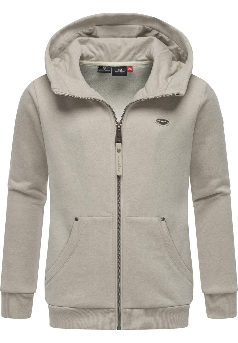 Felpa con zip grigia chiara realizzata in materiale morbido, dotata di cappuccio, due tasche frontali e polsini a costine. Piccolo logo sul lato sinistro del petto.