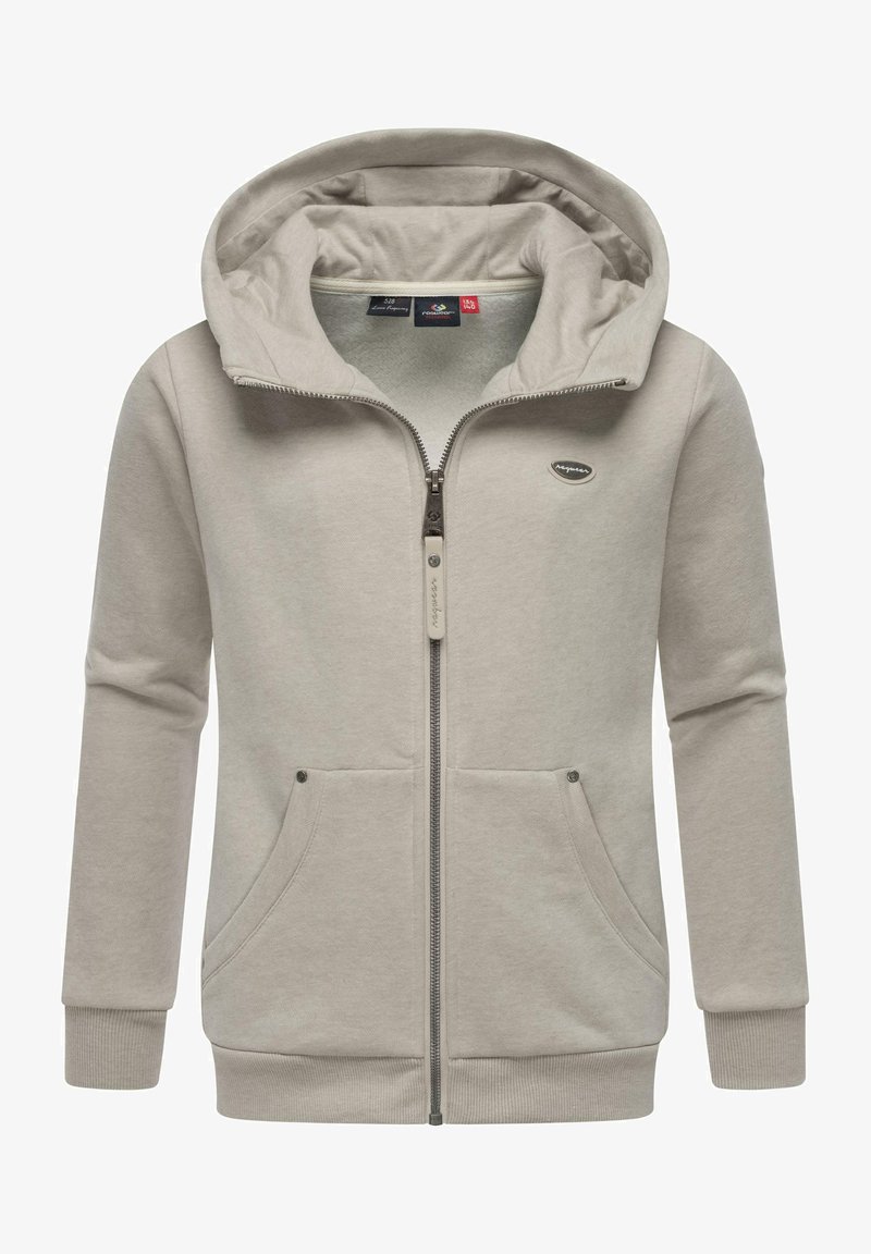 Ljusgrå zip-up hoodie i mjukt material, med en huva, två framfickor och ribbade ärmslut. Litet logotyp på vänster bröst.