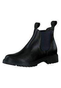 Black leather Chelsea boots with elastic side panels and pull tabs, featuring a textured rubber sole for traction. Smooth finish and rounded toe.