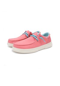 Pink canvas shoes with a white sole, featuring light blue laces and a patterned blue interior lining. Rounded shape with minimal design details.