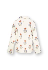 Langsleeve blouse van crème stof met bloemenpatronen in oranje, blauw en groen. Zachte textuur met een kraag en knoopdetail aan de achterkant.