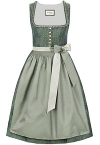 Dirndl-Kleid mit tailliertem, grün gemustertem Mieder, Perlenknöpfen und einem ausgestellten, hellgrünen Satinrock, der mit einem gebundenen Band in der Taille verziert ist.