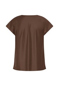 Blouse marron à manches courtes, coupe ample, avec un col rond, vue de dos sur fond blanc.