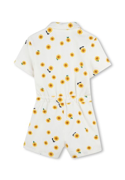 Romper blanc à manches courtes avec un motif de tournesols, taille élastique et col. Inclus des accents brodés en noir.