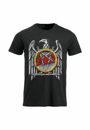 Zwarte katoenen t-shirt met een opvallende afbeelding van een adelaar, een circulair embleem, en het woord "Slayer" in het rood, omringd door zwaarden.