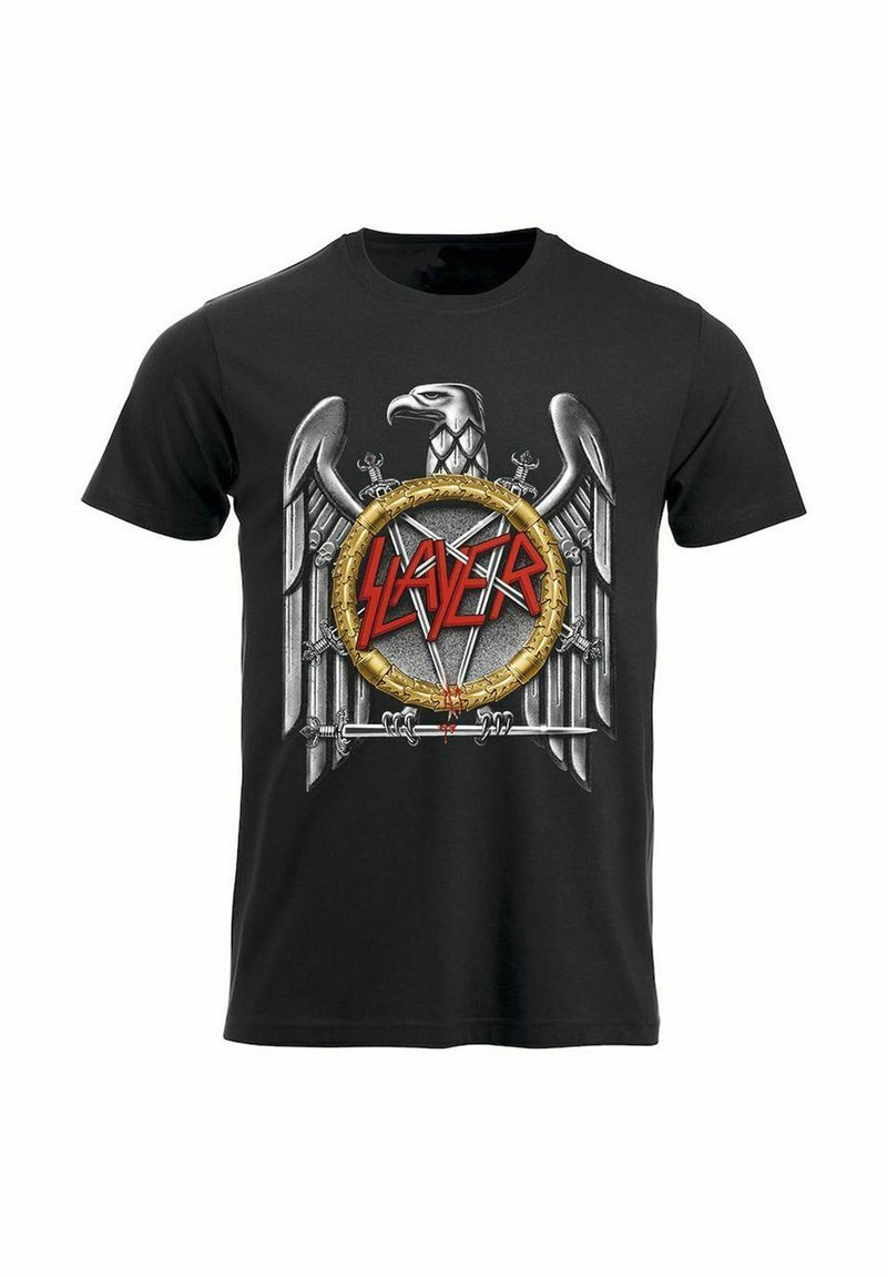 Zwarte katoenen t-shirt met een opvallende afbeelding van een adelaar, een circulair embleem, en het woord "Slayer" in het rood, omringd door zwaarden.