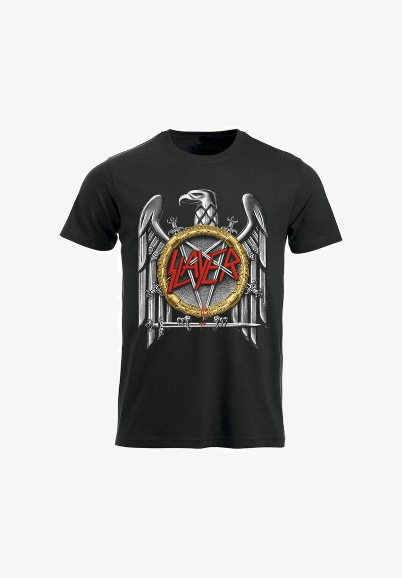 Zwarte katoenen t-shirt met een opvallende afbeelding van een adelaar, een circulair embleem, en het woord "Slayer" in het rood, omringd door zwaarden.