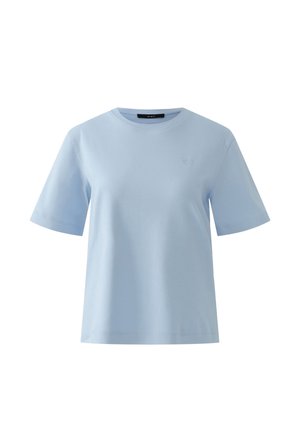 T-shirt bleu clair à manches courtes et col rond avec logo brodé subtil sur la poitrine gauche, coupe décontractée.