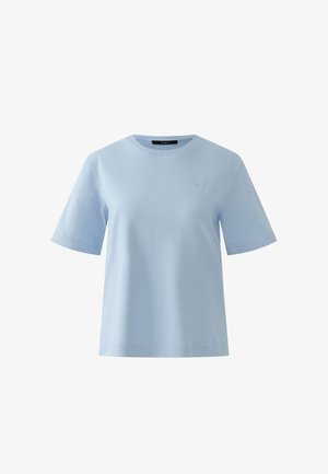 T-shirt bleu clair à manches courtes et col rond avec logo brodé subtil sur la poitrine gauche, coupe décontractée.