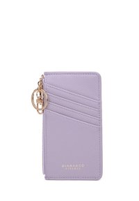 Portafoglio in pelle sintetica lavanda con superficie texture, caratterizzato da dettagli di cuciture diagonali e un elemento in metallo dorato a forma di chiave.
