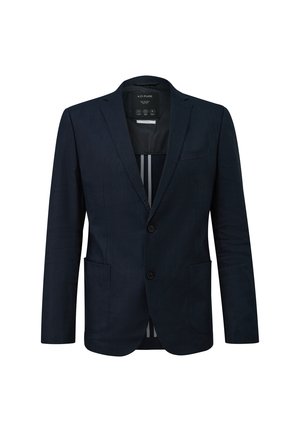 Dunkel marineblauer Herrenblazer mit Zweiknopfverschluss, Revers mit Kerb, und aufgesetzten Vorderentaschen, dargestellt auf weißem Hintergrund.