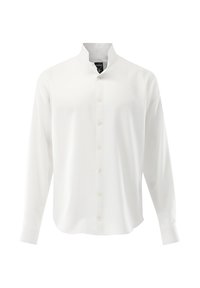 Camicia bianca a maniche lunghe con colletto rialzato, caratterizzata da una chiusura con bottoni frontale e una texture del tessuto liscia. Design classico senza motivi visibili.