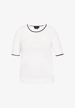 Balta megzta trumpų rankovių palaidinė su apvalia iškirpte ir juodu apvadu aplink apykaklę bei rankoves, su lygia tekstūra ir laisvu pjaustymu.