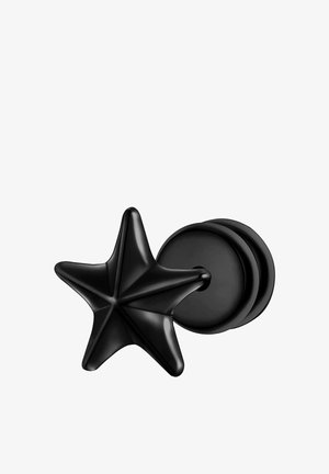 Schwarzer sternförmiger Wandhaken mit glatter Textur und dreidimensionalem Design, befestigt an einer runden Basis. Minimalistische Ästhetik.