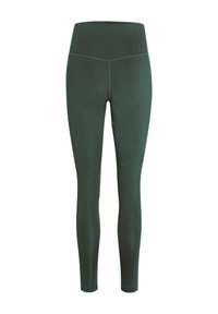 Leggings taille haute vert foncé avec coutures plates, présentés de face sur fond blanc.