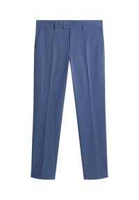 Blaue Baumwollhosen mit geradem Bein, ausgestattet mit einem Knopfverschluss, Fronttaschen und einer glatten Textur.