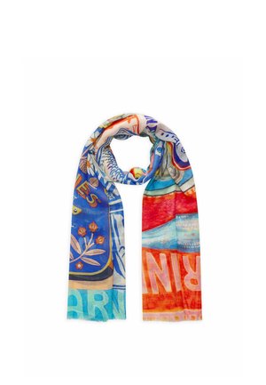 Multicolored scarf with blue, red, orange, and beige sections featuring floral, fish, and abstract patterns, draped in a loop on white background.