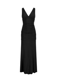 Schwarzes ärmelloses Kleid mit V-Ausschnitt, gerafftem Oberteil und fließendem Maxikleid-Rock. Aus glattem Stoff mit einem dezenten Glanz gefertigt.