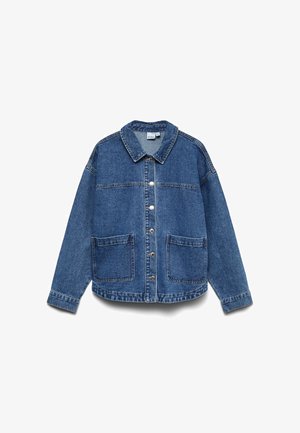 Button-up blue denim jacket with long sleeves, two front patch pockets, and a classic collar, shown on a white background.