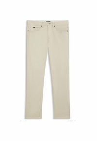 Beige cotton jeans, straight leg design, five-pocket style, with metal hardware accents and a button closure at the waist.