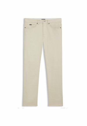 Beiga bomullsjeans, rak ben-design, femfickorsmodell, med metalldetaljer och knäppning i midjan.