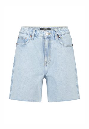 Lichtblauwe denim shorts met knoop aan de voorkant, riemlussen, vijfzakkenstijl en onafgewerkte zoomranden.