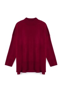 Suéter de punto rojo con cuello alto, hombros caídos y puños y dobladillo acanalados. Presenta un ajuste holgado y aberturas laterales en el dobladillo.