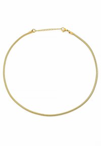 Collana in serpentina color oro con design liscio e flessibile, dotata di un moschettone e lunghezza regolabile per una vestibilità personalizzata.