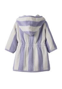Striped bathrobe featuring purple and white colors, soft terry cloth material, hood, and elastic waist for a comfortable fit.