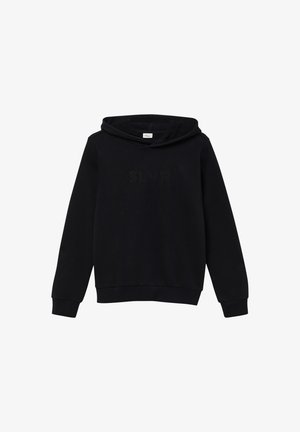 Czarna bluza z kapturem z długimi rękawami, ściągaczami przy nadgarstkach i na dole, z wypukłym napisem "SLVR" na klatce piersiowej.