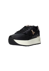 Sneaker nera con tomaia sintetica liscia, suola bianca spessa, dettagli in rilievo, accento dorato a forma di ape e lacci neri; design casual.