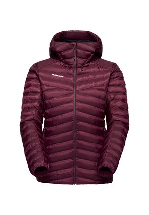 Burgundy insulated jacket with a hood, featuring horizontal quilted lines, front zipper, and a logo on the left chest.