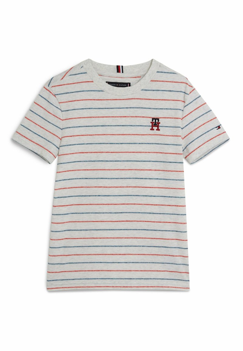 Striped short-sleeve t-shirt in light gray with red and blue horizontal lines; features a small embroidered logo on the chest. Soft cotton fabric.