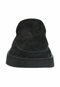 Black suede slip-on shoes with a rounded toe, featuring a thick black rubber sole and visible stitching along the edges.