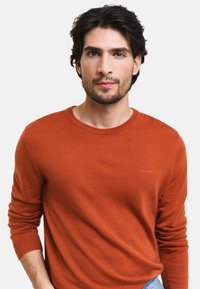 Sweter typu pulower w kolorze przypalanej pomarańczy, okrągły dekolt, długie rękawy, miękka textura, gładki materiał, z dyskretnym haftem logo GANT.