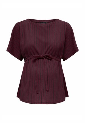 Fialovoružový tehotenský top s krátkym rukávom, tenkými vertikálnymi čiernymi pruhmi a predvázaným opaskom na nastavenie veľkosti.