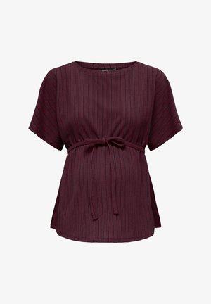 Fialovoružový tehotenský top s krátkym rukávom, tenkými vertikálnymi čiernymi pruhmi a predvázaným opaskom na nastavenie veľkosti.