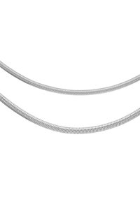 Catena in metallo argento con un design flessibile, caratterizzata da anelli intrecciati e una superficie liscia. Due filamenti paralleli visibili.