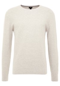 Hellgrauer Pullover aus weichem Strickmaterial, mit Rundhalsausschnitt, langen Ärmeln sowie gerippten Bündchen an Ärmeln und Saum. Ohne Muster oder Verzierungen.