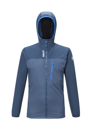 Blaue Jacke mit einem Reißverschluss vorne, Kapuze und kontrastierenden blauen Akzenten. Verfügt über zwei Reißverschlusstaschen und strukturierte Stoffdetails.