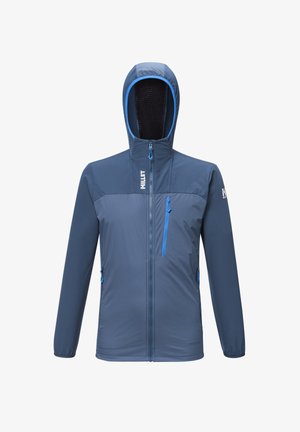 Blaue Jacke mit einem Reißverschluss vorne, Kapuze und kontrastierenden blauen Akzenten. Verfügt über zwei Reißverschlusstaschen und strukturierte Stoffdetails.