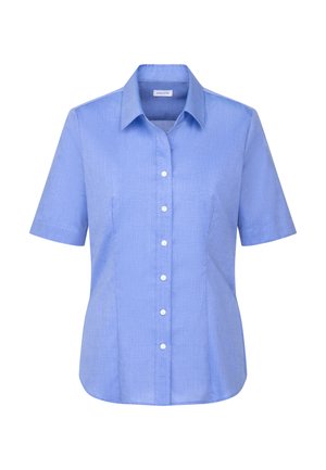 Camicia a maniche corte azzurro chiaro con colletto appuntito, caratterizzata da un tessuto testurizzato e sottili righe verticali.