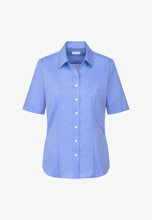 Camicia a maniche corte azzurro chiaro con colletto appuntito, caratterizzata da un tessuto testurizzato e sottili righe verticali.