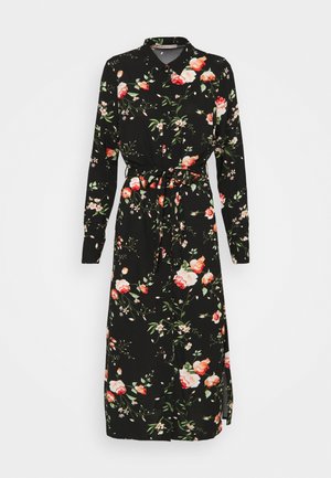 Zwarte jurk met lange mouwen en bloemenprint, voorzien van een kraag, een getailleerde taille met ceintuur en een zijsplit. Gemaakt van lichtgewicht stof met een gladde textuur.