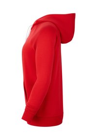 Roter Kapuzenpullover mit glatter Textur, langen Ärmeln, gerippten Säumen und einer vorderen Tasche. Verfügt über weiße Kordeln zur Anpassung der Kapuze.