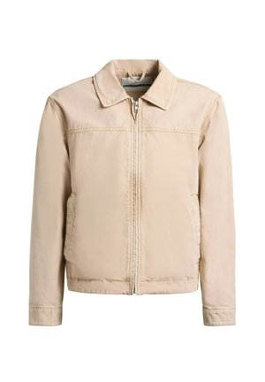 Beżowa kurtka na zamek z kołnierzem, długimi rękawami, dwoma bocznymi kieszeniami i widocznymi przeszyciami na białym tle.