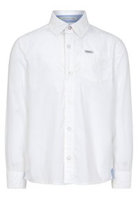 Biała koszula z długim rękawem wykonana z bawełny, z kołnierzykiem na guziki, pojedynczą kieszonką na piersi i niebieskim akcentem na mankietach. Teksturowana tkanina.
